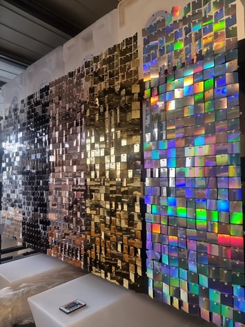 Shimmer wall panels hanging in the SweetAz Co. workshop in Redlands. Black, Gold, Rose Gold, Silver and Irirdescent.