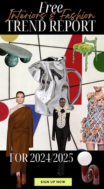 a fashion magazine cover featuring fashion runway models and cool furniture and art