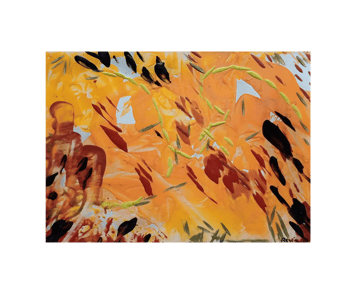 Windy Fall encaustic wax painting iron artist art abstract plywood 2016 collection orange black brown gold figure awareness