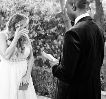 Emotional black and white portrait of bride shedding a tear during her Provence elopement ceremony