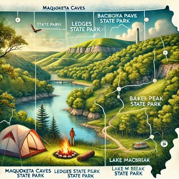 Iowa camping map with scenic tent, lake, and hiking trail.