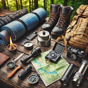 Essential camping gear flat lay, including a backpack, sleeping bag, portable stove, map, compass, and flashlight.