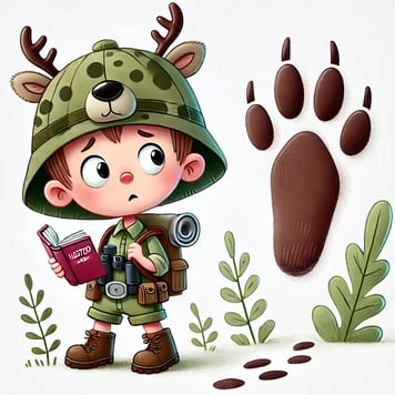 Child in oversized hunting gear staring at a giant animal footprint.