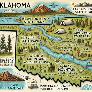 Illustrated map of Oklahoma featuring popular camping locations like Beavers Bend, Wichita Mountains, and Lake Murray State P