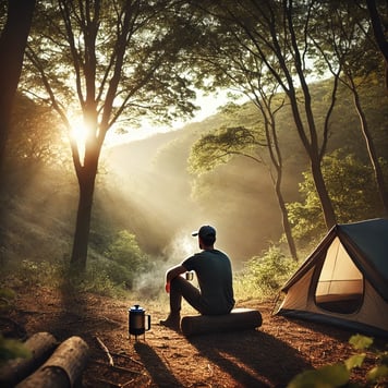 A person camping alone at dawn, sitting by a tent with a mug, enjoying nature in a serene forest setting for relaxation