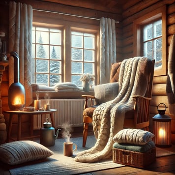 Cozy winter cabin with blankets, warm lighting, and snow-covered windows