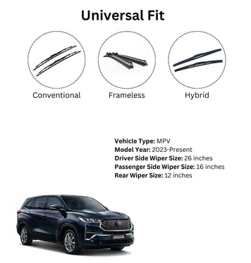 Toyota Innova Hycross wiper sizes – 26 inch, 16 inch, 12 inch