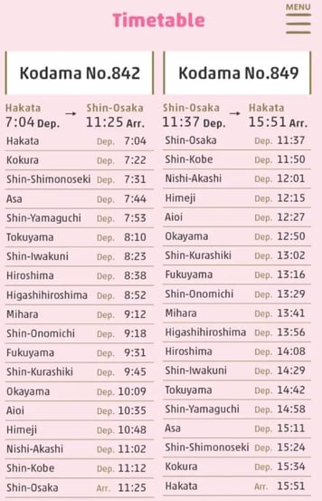 Hello Kitty shinkansen bullet train time table