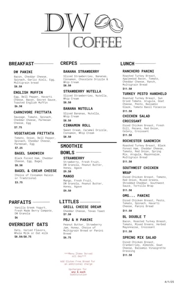DW Coffee Shop Menu