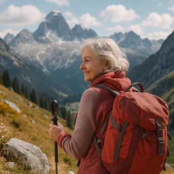 Senior active woman hiking in the ALPS after she retired.