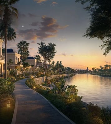 Luxury villas overlooking a waterfront canal at Jirian Compound – sunset view