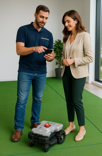 Demonstrație robot de tuns gazon Wiper în showroom Hidrotechnika – consultanță pentru grădini inteli