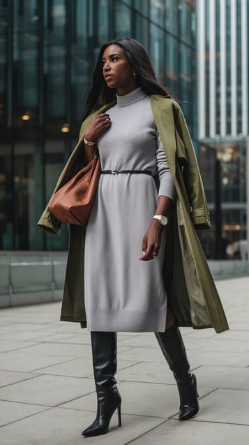 a woman in a grey sweater dress, cinched at the waist, black knee-high boots, and olive green trench