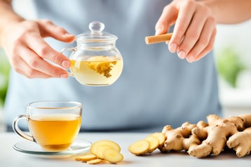 a woman is holding a cup of tea and a glass of tea