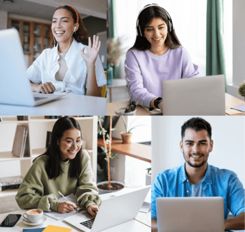 a collage of four people sitting at a table on a conference call