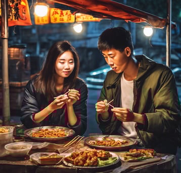 A young couple from Korea enjoyingstreet food in a Chinese town