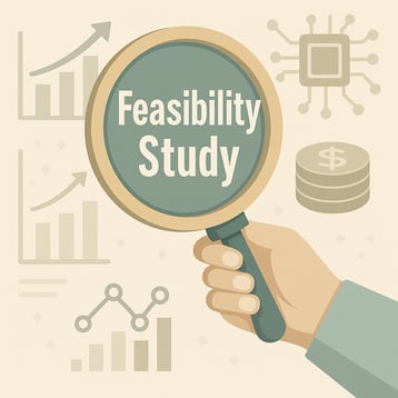 יד אוחזת בזכוכית מגדלת עם הכיתוב Feasibility Study בין אייקונים עסקיים וטכנולוגיים