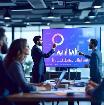 Profesionales colaborando en una presentación de datos en pantalla digital en un entorno corporativo