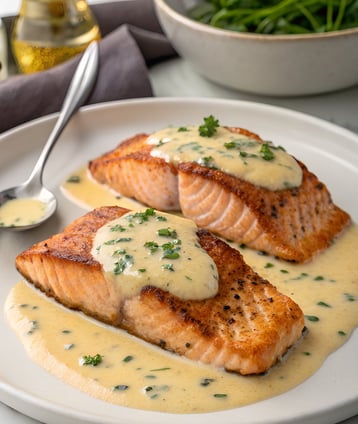 a plate of salmon and vegetables with a bowl of sauce