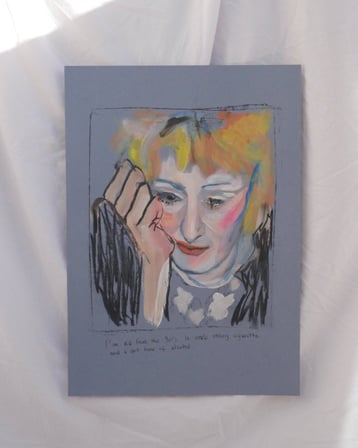 a painting of a woman with blonde hair and a blue dress. painting acrylic emerging artist marseille