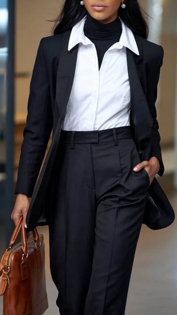 a woman in a white button up with a black turtle neck under, black trousers, and briefcase