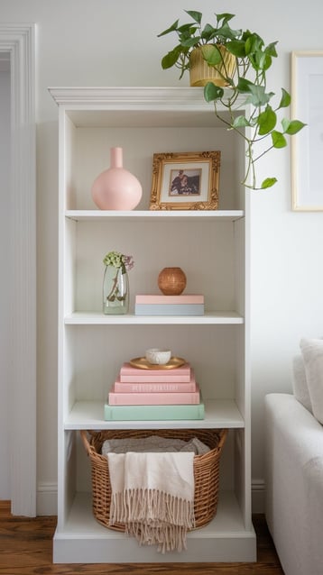tall white bookcase with books and a wicker basket with a plant on top