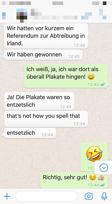 a screenshot of a whatsapp chat in german - language learning, correction by a native speaker