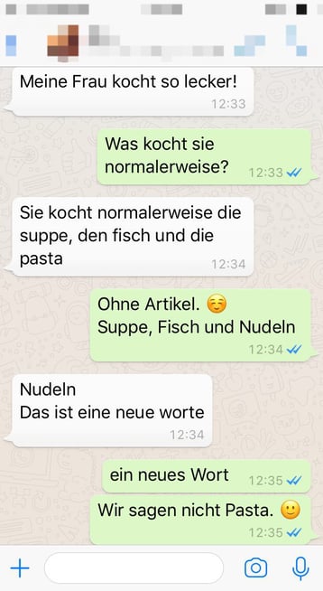 a screenshot of a whatsapp chat in german - language learning, correction by a native speaker