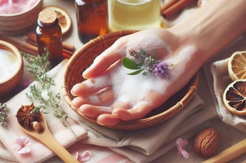 homemade cleanser in a hand above a bowl