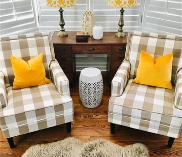 New Accent Chairs Plaid Fabric Old Desk Yellow Pillows