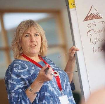 a woman in a blue dress is standing in front of a white board