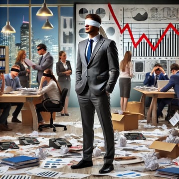 An AI generated image depicitng a leader in a chaotic organisation environment but blindfolded.
