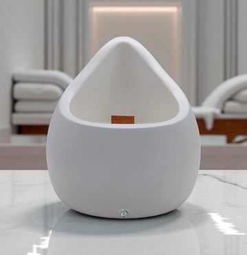Image shows a candles with a wooden wick in a white container with form of a drop. 