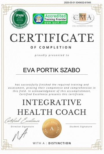 Certificate of completion for Eva Portik Szabo as Integrative Health Coach.