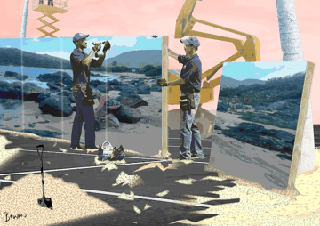 Workers installing large promotional panels at Happy Bay