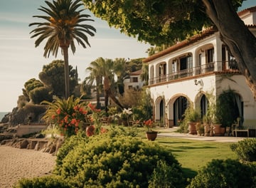 a house with a large tree in front of a beach