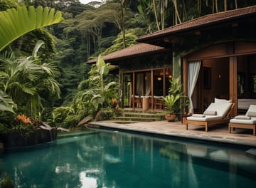 a pool with a lounge chair and a couch
