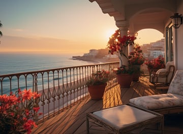a balcony with a chair and a table