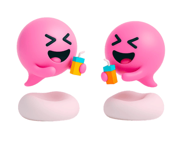 Two joyful Blabit bubbles with closed smiling eyes holding colorful juice boxes with straws