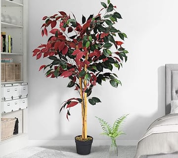 Ficus Artificial con Troncos Naturales, Flores Artificiales Decoración con 504 Hojas Rojas y Verdes 
