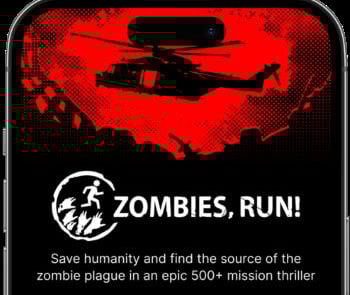 Zombies Run app screen with apocalyptic survival theme and running missions.