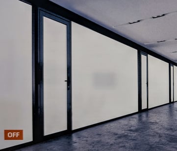 meeting rooms with glass with Smart Film applied in mode off opaque