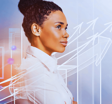 A female leader in a white shirt crosses her arms and looks up against a background of rising arrows symbolizing growth.