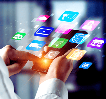 A leader in a white shirt uses a smartphone's touchscreen, with holographic apps emerging from the device, face unseen.
