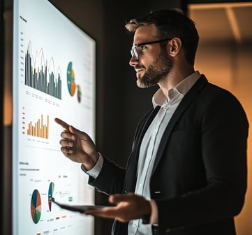 A sales leader in glasses and a black suit points at charts on a large screen while holding a smart device in the other hand.