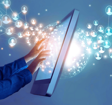 Person interacts with a tablet's touchscreen as holographic avatar icons enter the screen and exit from the back, face unseen