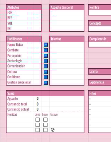 Captura de pantalla de una ficha de rol hecha en google sheets