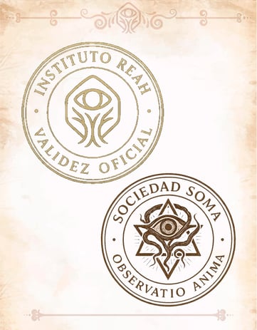 Un fondo de pergamino con dos sellos decorativos, de los institutos ficticios REAH y SOMA
