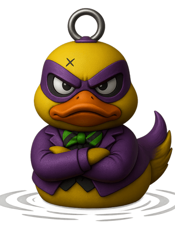 a rubber duck in a purple suit and tie