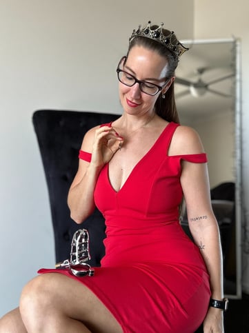 Pleasurelit Patricia as the key holder for her chastity sub